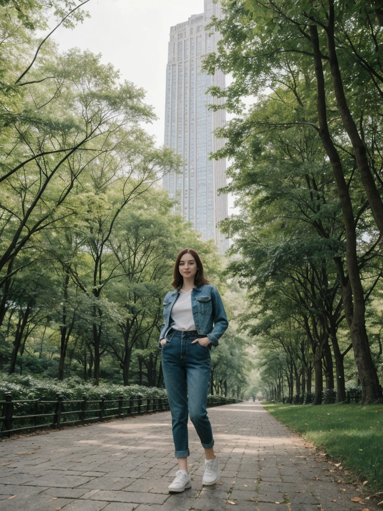 her name is Elle, high quality, 1girl, ((20-year-old fit Caucasian woman)), ((20 years old)), ((fit)), ((pale skin)), short length straight dark hair , wearing Deconstructed Denim Jacket + High-Waisted Utility Cargo Pants, pose: standing, background: Write about the tranquil setting of Central Park in New York City, where paths wind through lush greenery, serene lakes, and skyscrapers peek through the trees.