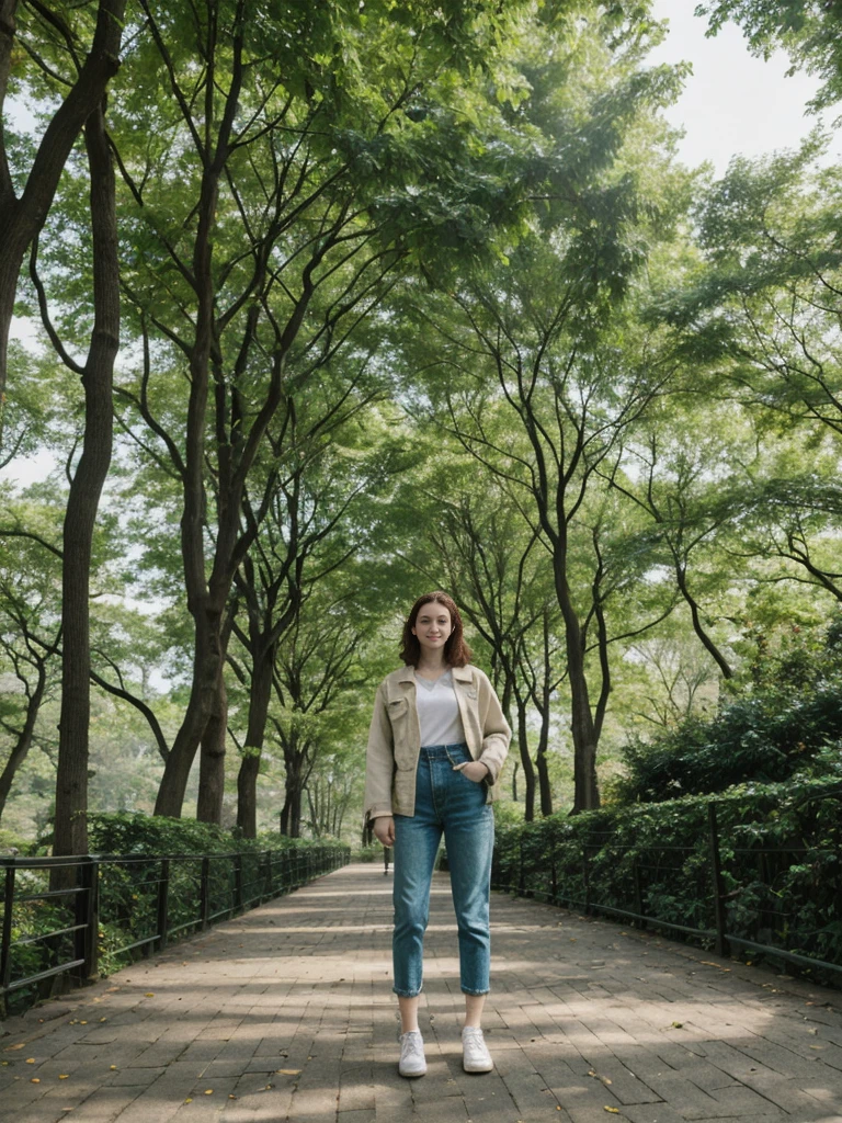 her name is Elle, high quality, 1girl, ((20-year-old fit Caucasian woman)), ((20 years old)), ((fit)), ((pale skin)), short length straight dark hair , wearing Deconstructed Denim Jacket + High-Waisted Utility Cargo Pants, pose: standing, background: Write about the tranquil setting of Central Park in New York City, where paths wind through lush greenery, serene lakes, and skyscrapers peek through the trees.
