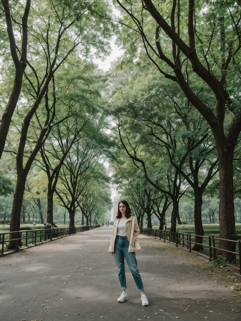her name is Elle, high quality, 1girl, ((20-year-old fit Caucasian woman)), ((20 years old)), ((fit)), ((pale skin)), short length straight dark hair , wearing Deconstructed Denim Jacket + High-Waisted Utility Cargo Pants, pose: standing, background: Write about the tranquil setting of Central Park in New York City, where paths wind through lush greenery, serene lakes, and skyscrapers peek through the trees.