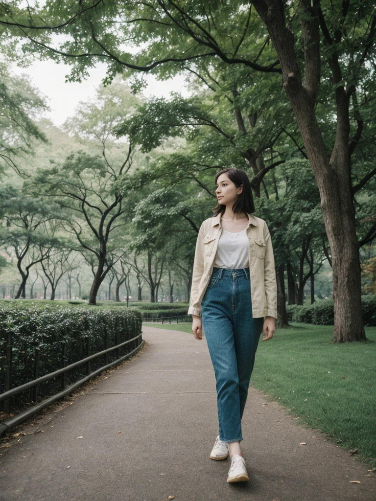 her name is Elle, high quality, 1girl, ((20-year-old fit Caucasian woman)), ((20 years old)), ((fit)), ((pale skin)), short length straight dark hair , wearing Deconstructed Denim Jacket + High-Waisted Utility Cargo Pants, pose: standing, background: Write about the tranquil setting of Central Park in New York City, where paths wind through lush greenery, serene lakes, and skyscrapers peek through the trees.