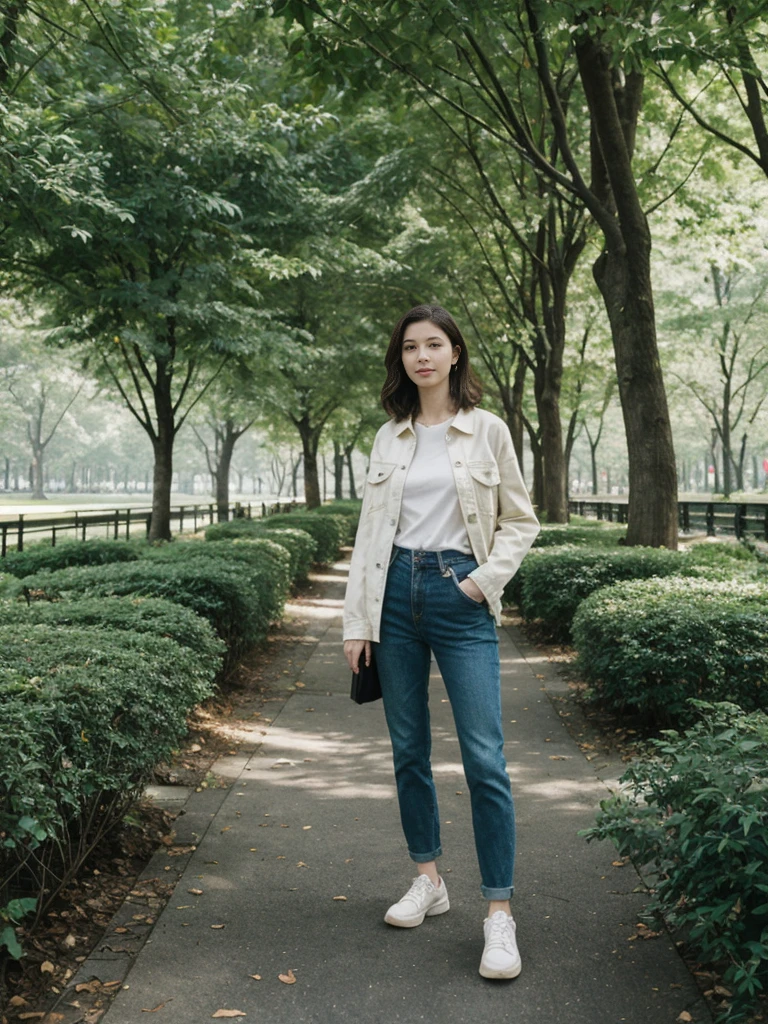 her name is Elle, high quality, 1girl, ((20-year-old fit Caucasian woman)), ((20 years old)), ((fit)), ((pale skin)), short length straight dark hair , wearing Deconstructed Denim Jacket + High-Waisted Utility Cargo Pants, pose: standing, background: Write about the tranquil setting of Central Park in New York City, where paths wind through lush greenery, serene lakes, and skyscrapers peek through the trees.
