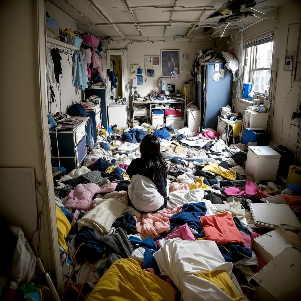 there is a woman sitting in a Messy room with a lot of clutter, inside a Messy room, Messy room, Claustrophobic room, Messy bedroom, Messy bedroomの中, Dirty room, Chaotic bedroom, Dirty apartment, In a decaying hospital room, Messy room, Crimmed New York apartment, A small room in Tokyo