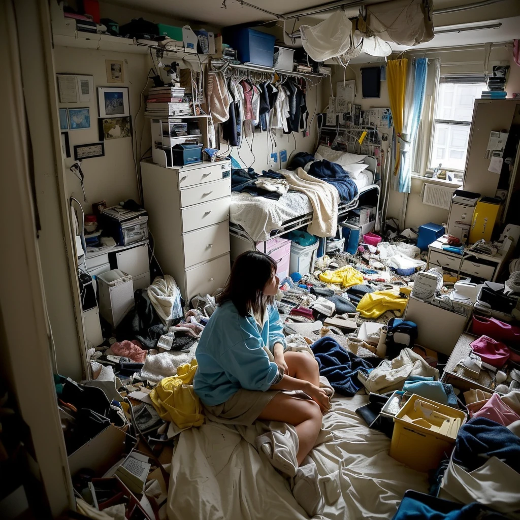 there is a woman sitting in a Messy room with a lot of clutter, inside a Messy room, Messy room, Claustrophobic room, Messy bedroom, Messy bedroomの中, Dirty room, Chaotic teen bedroom, Dirty apartment, In a decaying hospital room, Messy room, Crimmed New York apartment, A small room in Tokyo
