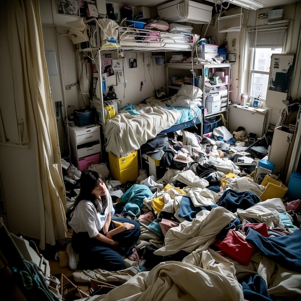 there is a woman sitting in a Messy room with a lot of clutter, inside a Messy room, Messy room, Claustrophobic room, Messy bedroom, Messy bedroomの中, Dirty room, Chaotic teen bedroom, Dirty apartment, In a decaying hospital room, Messy room, Crimmed New York apartment, A small room in Tokyo