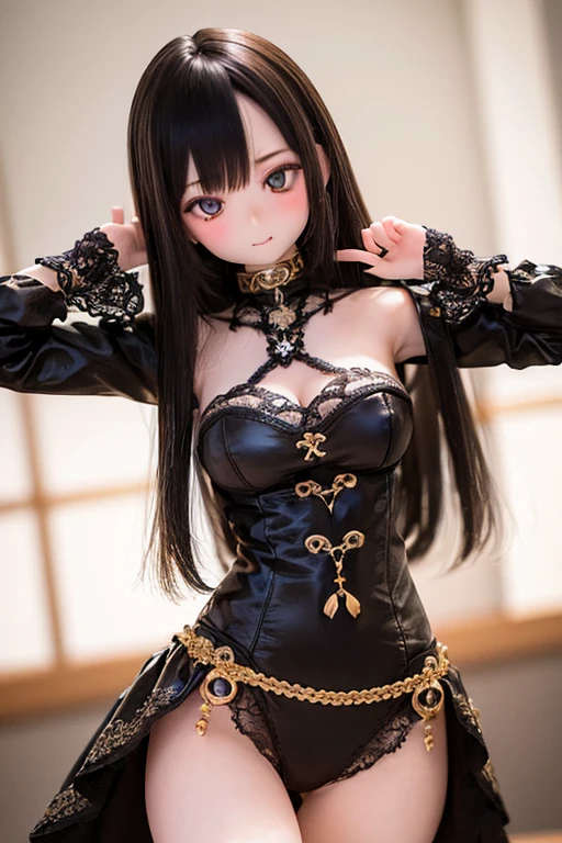 ((highest quality)), ((masterpiece)), (extremely detailed), kukolnydom, doll, mature woman, solo, cowboy shot, dynamic pose, embarrassed, black hair, long hair, museum, 8k