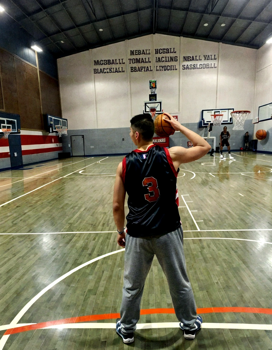 there is a man standing on a basketball court holding a bat, wearing basketball jersey, indoor shot, playing basketball, wearing a volleyball jersey, backshot, shot from the back, long shot from back, wearing nba jersey, action shot, long shot from the back, shooting pose, in the high school gym, low quality photo, medium shot taken from behind, basketball