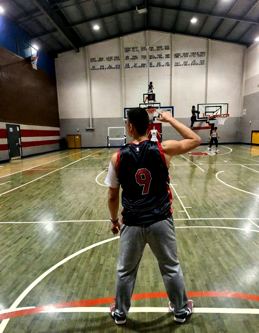 there is a man standing on a basketball court holding a bat, wearing basketball jersey, indoor shot, playing basketball, wearing a volleyball jersey, backshot, shot from the back, long shot from back, wearing nba jersey, action shot, long shot from the back, shooting pose, in the high school gym, low quality photo, medium shot taken from behind, basketball
