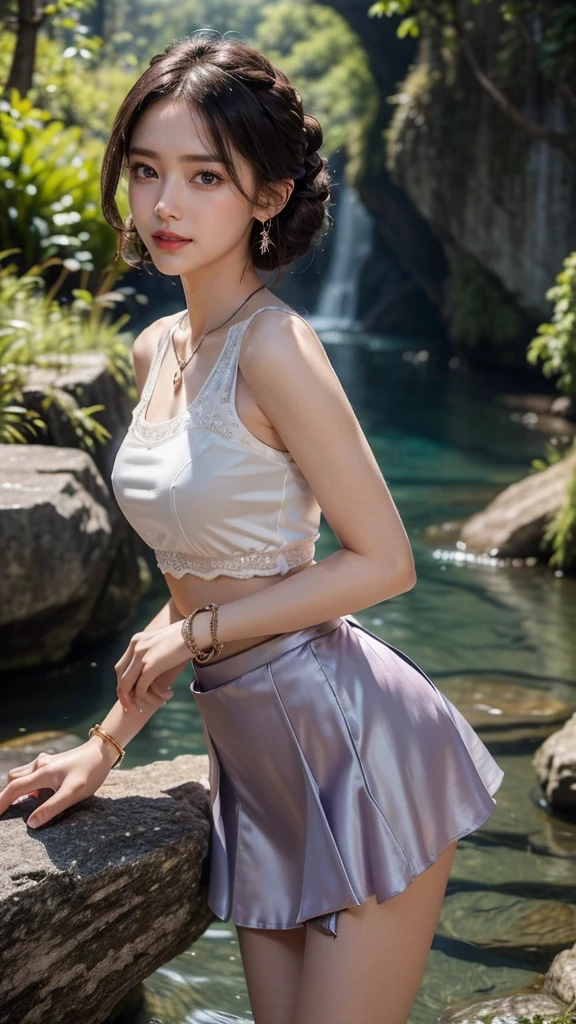 8k, masterpiece, RAW photo, best quality, photorealistic, extremely detailed CG unity 8k wallpaper, Depth of field, Cinematic Light, Lens Flare, Ray tracing, (extremely beautiful face, beautiful lips, beautiful eyes), intricate detail face, ((ultra detailed skin)) , in the dark, deep shadow, pretty Asian girl, idol, 1 girl, (very slim slender fit-muscled body:1.3), ((looking at viewer)),((big smile:1.3)), (tight Matty silky satin Violet colour laced blouse), ((Matty silky satin Violet color blouse)), 1 Beautiful girl, (Detailed face,beautiful eyes, beautiful earrings, bracelets, necklace, pantyhose, clear eyes, (pale skin), (big eyes), face forward, ((upper body shot)), (detailed pupils,detailed clothes features, Clear background:1.3), (armlets, bangle:1.3), Mysterious ancient ruins, floresta exuberant, Deep canyon,bridge,River,cliff,Cloud,lakes,Rock music,Waterfalls, Flowers, Grass,grape trees,tree,bright detail,Sharp,Perfect compounding, Intricate, Sharp focus, Dramatic,(very slim), Breast, super round big breasts under the dress, ((flooming laced)), updo hair, mini skirt, short hair, short skirt, 4 Different types poses, Cinematic photography, Sexy angles, medium butt,