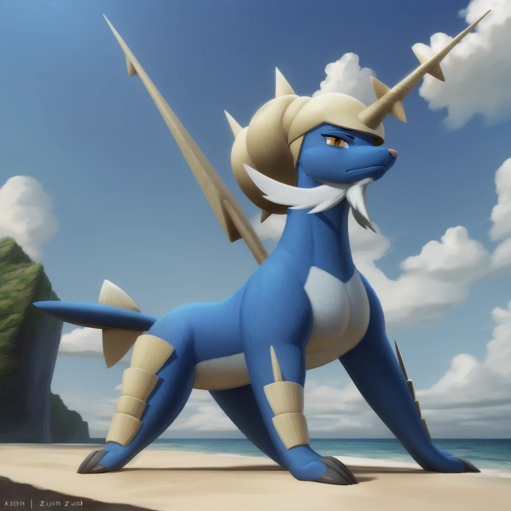 samurott, orange eyes, (pose:1.3), (posing:1.3), (soft shading), 4k, hi res, five fingers, detailed hands, ((detailed face, (detailed eyes:1.3), detailed)), (full body), by zackarry911, by zaush, (by personalami:0.5), solo, closed mouth, standing, full body, weapon, outdoors, sky, day, cloud, blue sky, no humans, ocean, helmet, feral, on all fours,