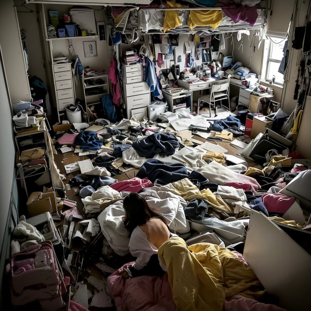 there is a woman sitting in a Messy room with a lot of clutter, inside a Messy room, Messy room, Claustrophobic room, Messy bedroom, Messy bedroomの中, Dirty room, Chaotic teen bedroom, Dirty apartment, In a decaying hospital room, Messy room, Crimmed New York apartment, A small room in Tokyo