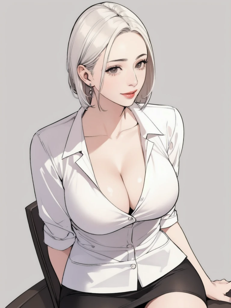 diona shin, sitting, portrait, red lips, (masterpiece, best quality), solo, looking at viewer, fw.dona.shin, mature female, sexy, hot, white hair, diona shin, simple background, white hair, milf, milf face, tease, detail face , large breast, portrait, cowboy shot, square lips, short hair, very short hair, white hair, earrings , smirk, curvy, sexy, mini skirt, sitting, tub shirt, cleavage, half body, stockings