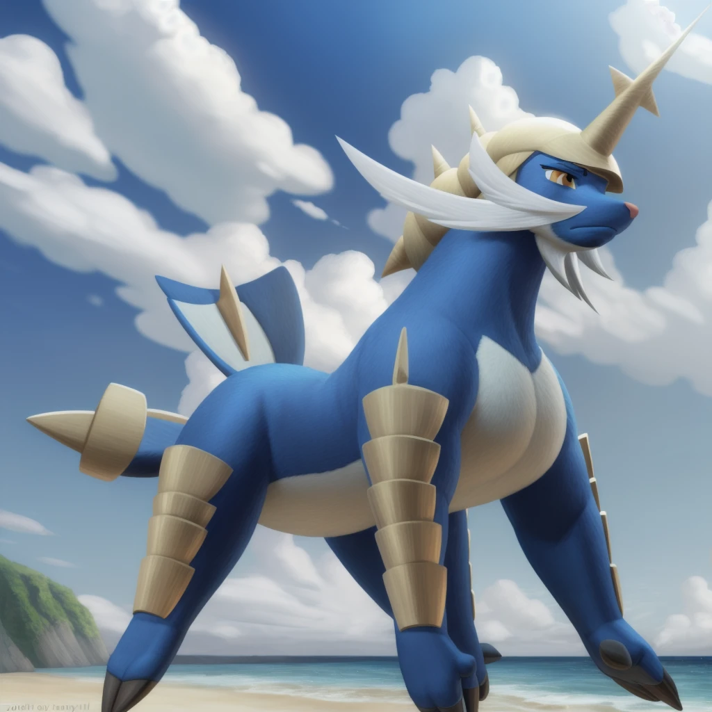 samurott, orange eyes, (pose:1.3), (posing:1.3), (soft shading), 4k, hi res, five fingers, detailed hands, ((detailed face, (detailed eyes:1.3), detailed)), (full body), by zackarry911, by zaush, (by personalami:0.5), solo, closed mouth, standing, full body, weapon, outdoors, sky, day, cloud, blue sky, no humans, ocean, helmet, feral, on all fours,
