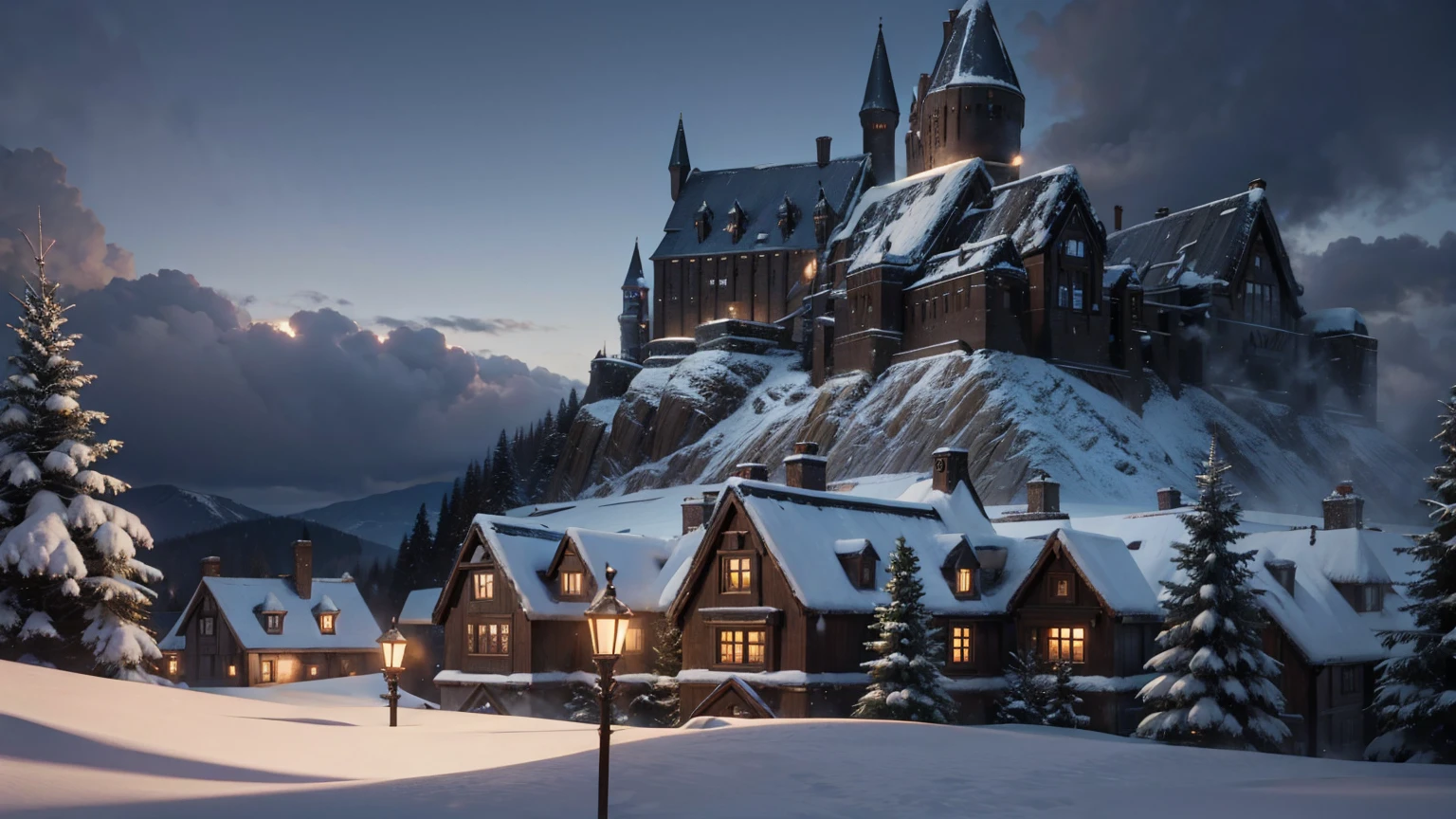snow weather front view of harry potter school view,