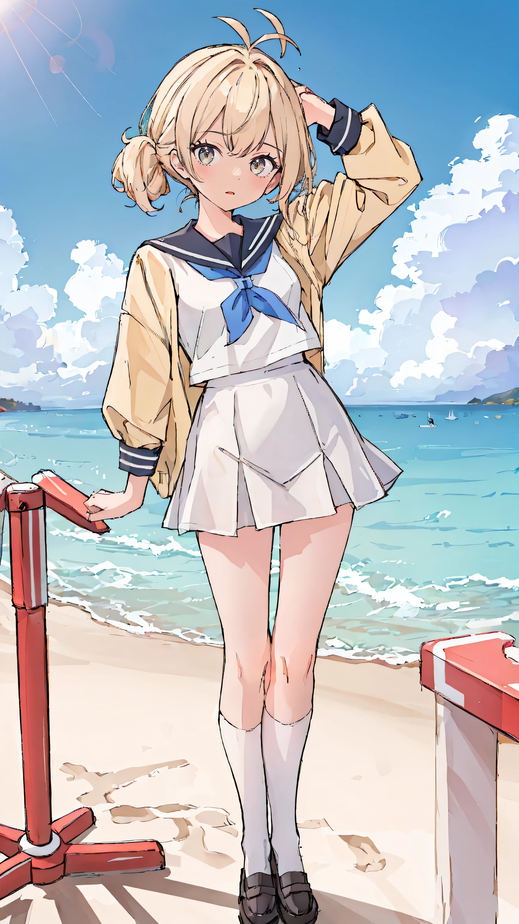 (masterpiece,best quality,absurdres),1girl,solo,looking at viewer,dynamic_angle,colorful, antenna hair,Sailor uniform, beach , sand , 
