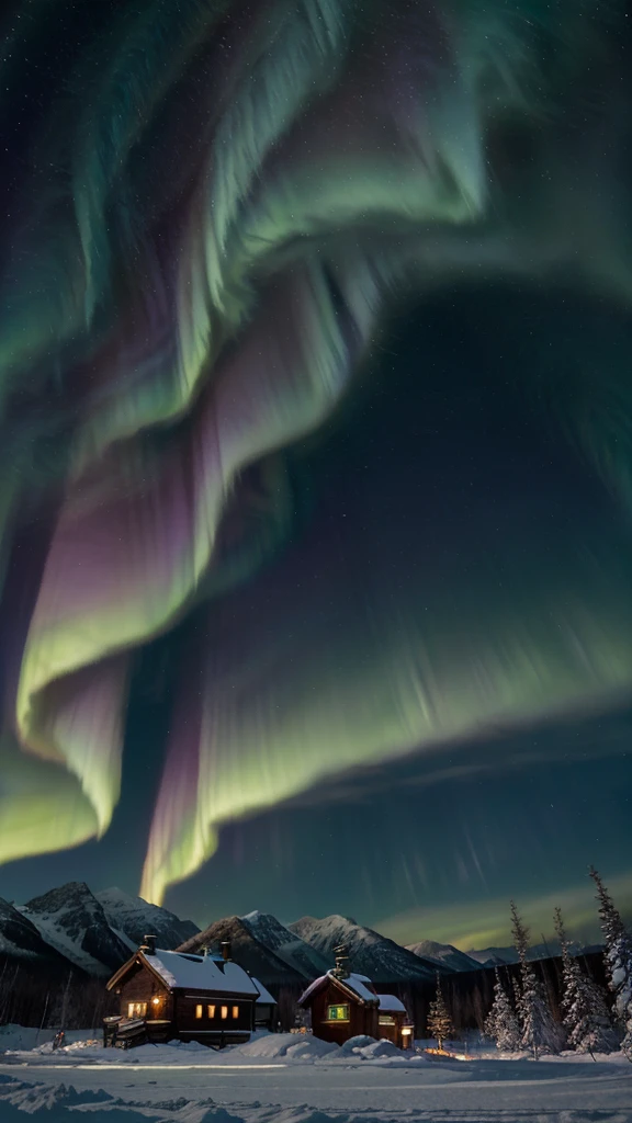 Aurora borealis in the Arctic Circle,Green and purple bands of light dancing in the sky,Snow-covered forest and mountains in the background。The overall atmosphere is mysterious and full of natural magnificence。