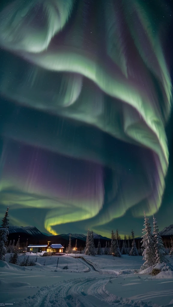 Aurora borealis in the Arctic Circle,Green and purple bands of light dancing in the sky,Snow-covered forest and mountains in the background。The overall atmosphere is mysterious and full of natural magnificence。