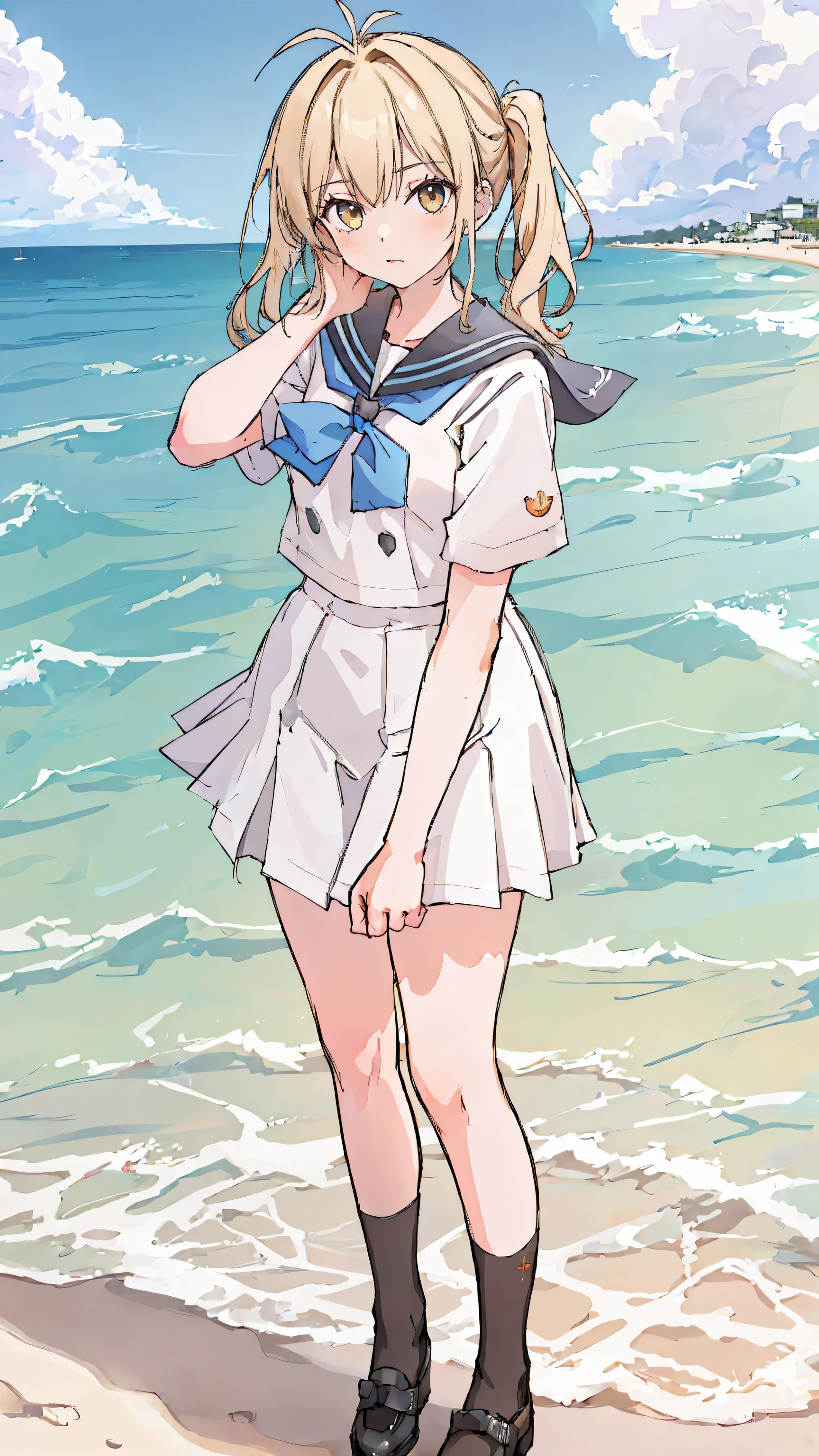 (masterpiece,best quality,absurdres),1girl,solo,looking at viewer,dynamic_angle,colorful, antenna hair,Sailor uniform, beach , sand , 
