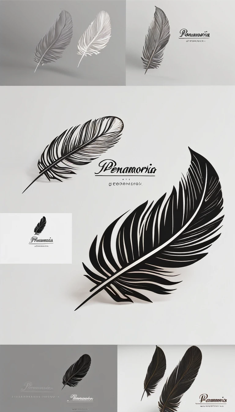 A minimal, modern, simple, cinematic logo design for the brand “Penamemoria". Create a modern, minimalistic, high-quality, logo of a bird feather
