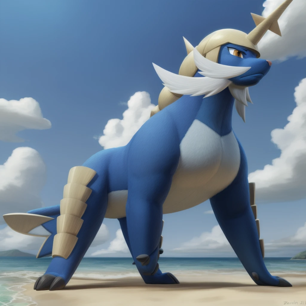 samurott, orange eyes, (pose:1.3), (posing:1.3), (soft shading), 4k, hi res, five fingers, detailed hands, ((detailed face, (detailed eyes:1.3), detailed)), (full body), by zackarry911, by zaush, (by personalami:0.5), solo, closed mouth, standing, full body, weapon, outdoors, sky, day, cloud, blue sky, no humans, ocean, helmet, feral, on all fours,