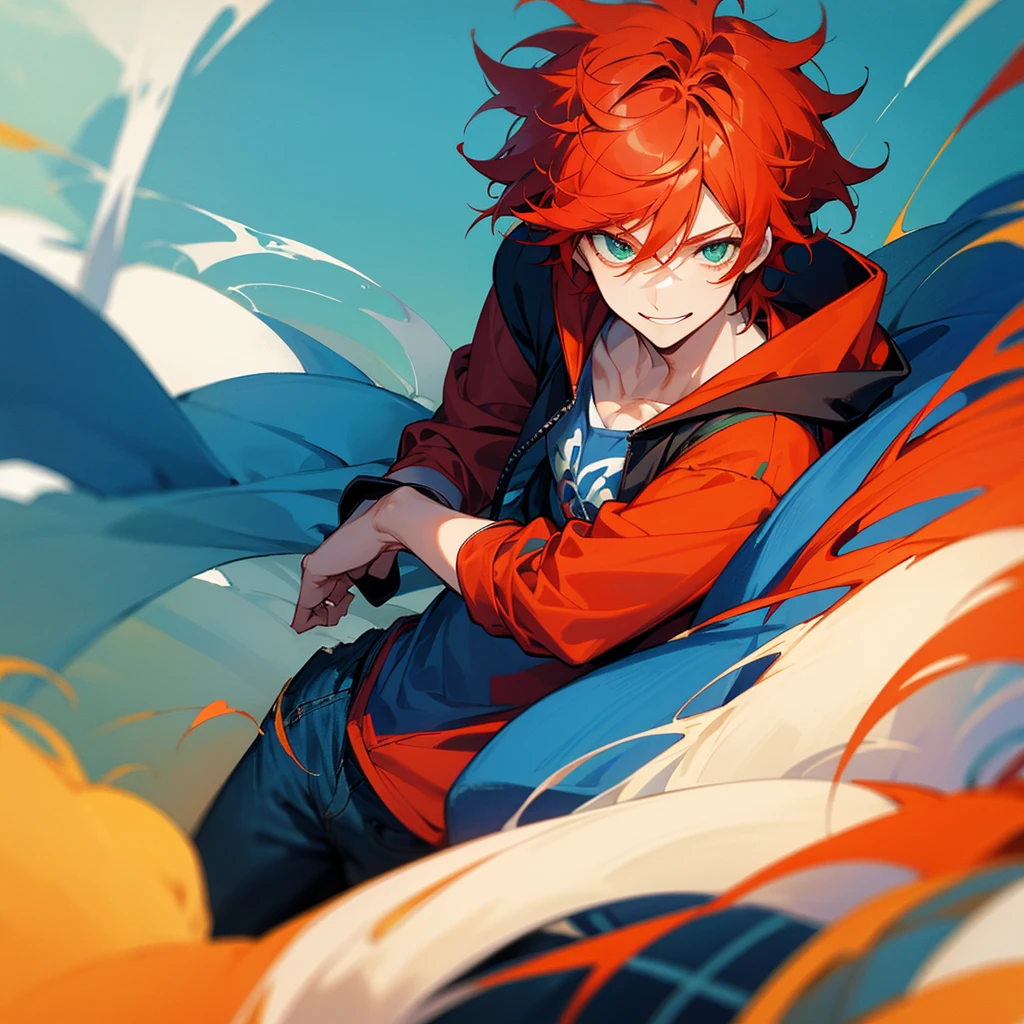 1male,  red hair , messy hair,  Hoodie , blue jeans , smiling expression , best generation , masterpiece quality , Young male , blue Casual Clothing  , green eyes