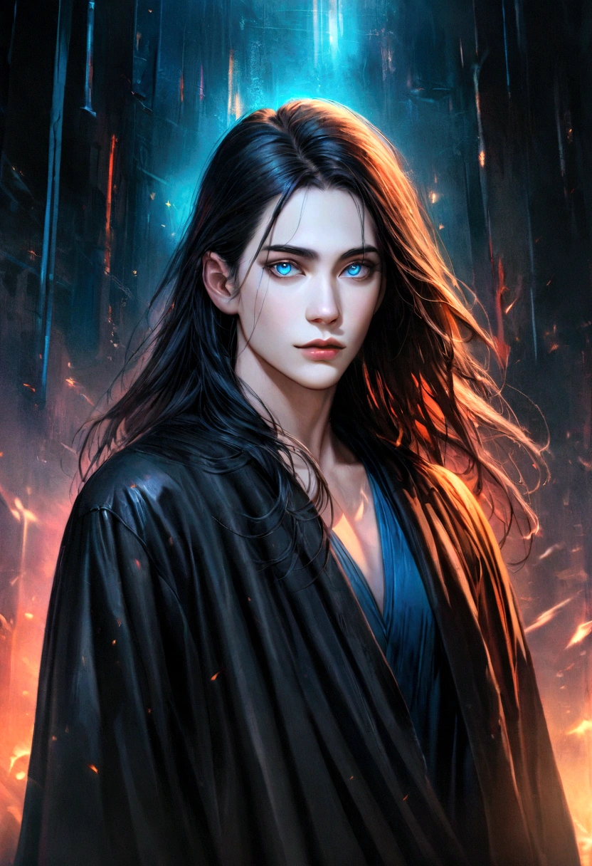 a man with medium long jet black hair, pale skin,dark blue turquoise eyes, athletic and slim body, wearing a black robe. super realistic image, detailed, vivid colors, 8k and as a movie poster.