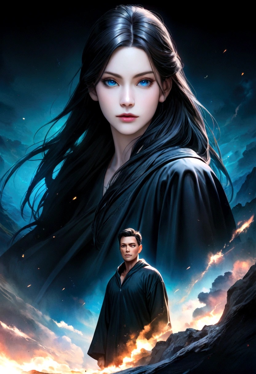 a man with medium long jet black hair, pale skin,dark blue turquoise eyes, athletic and slim body, wearing a black robe. super realistic image, detailed, vivid colors, 8k and as a movie poster.