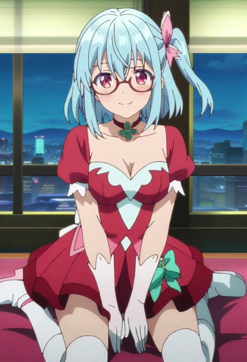 score_9, score_8_up, score_7_up, score_6_up, source anime BREAK, anime screencap, dynamic shadows, atmosferic, 1girl, solo, (red eyes:1.5), detailed eyes, light blue hair, medium hair, one side up , bangs, hair between eyes, hair ribbons, pink dress, magical girl dress, strapless, choker, white gloves, glasses, white boots, thighs, medium breasts, blush, smile, sexy, collarbone, cleavage, ((cowboy shot)), ((from front)), window, city, sky, clouds, night, (sitting), (legs apart) (looking at viewer:1.0)