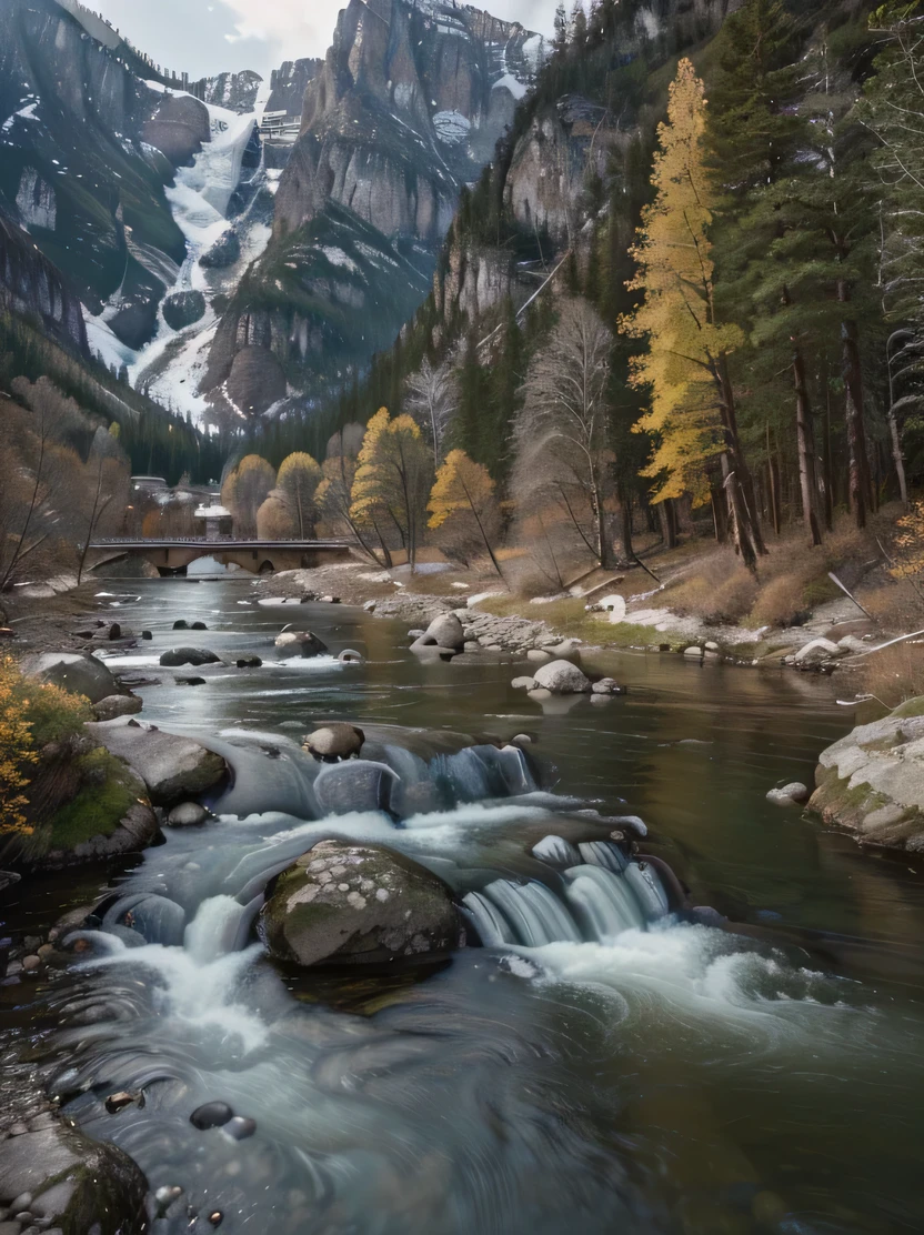 ((Masterpiece, top quality, very detailed, high resolution, realistic, sharp focus)), high contrast, high color saturation, landscape with water, river and rocky mountains, gentle flow, (highly detailed CG unity, 8k wallpaper), intricate and realistic paintings