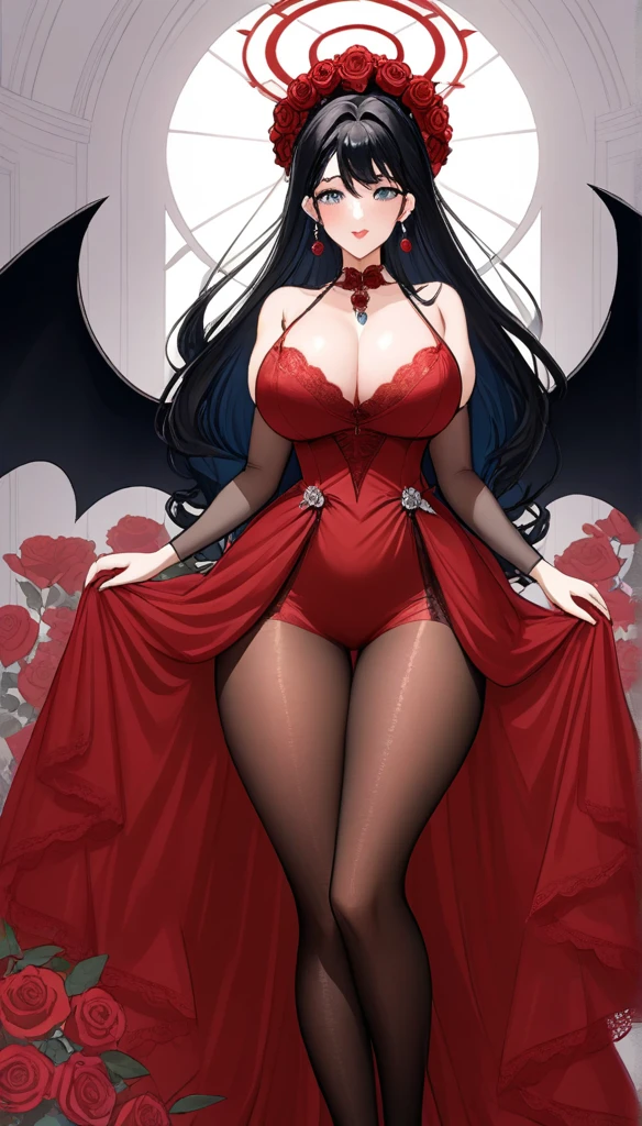 ((Masterpiece, Highest quality)), perfectly proportions，CharacterDesignSheet，full bodyesbian, Full of details, White background，Dark style，Beautiful women，Gradient hair color，Vampires，Detailed eyes, ssee-through，Red wedding dress，rose background，lacepantyhose，Rose decoration，High Balance, Overhead halo，Natural light,big breasts, long earrings , detailed face ,blue eyes