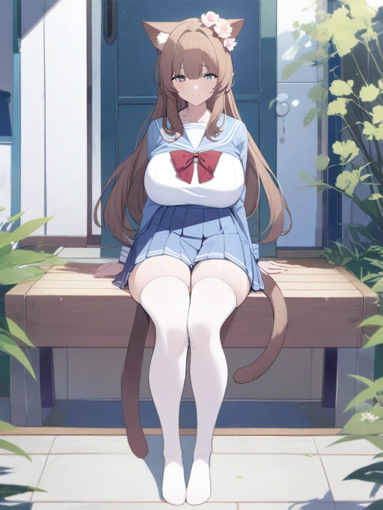 masterpiece, best quality, high quality, beautiful anime character, solo, anime girl with brown hair, long hair, cat ears, blue eyes, big breasts, mature female, big girl, light smile, outdoors, almost full body, (sailor uniform, ribbon, pleated skirt), white thighhighs, (flower on head), sitting, (long cat tail), fluffy hair, (thick hips),