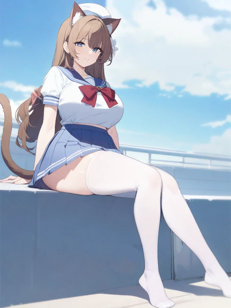 masterpiece, best quality, high quality, beautiful anime character, solo, anime girl with brown hair, long hair, cat ears, blue eyes, big breasts, mature female, big girl, light smile, outdoors, almost full body, (sailor uniform, ribbon, pleated skirt), white thighhighs, (flower on head), sitting, (long cat tail), fluffy hair, (thick hips),