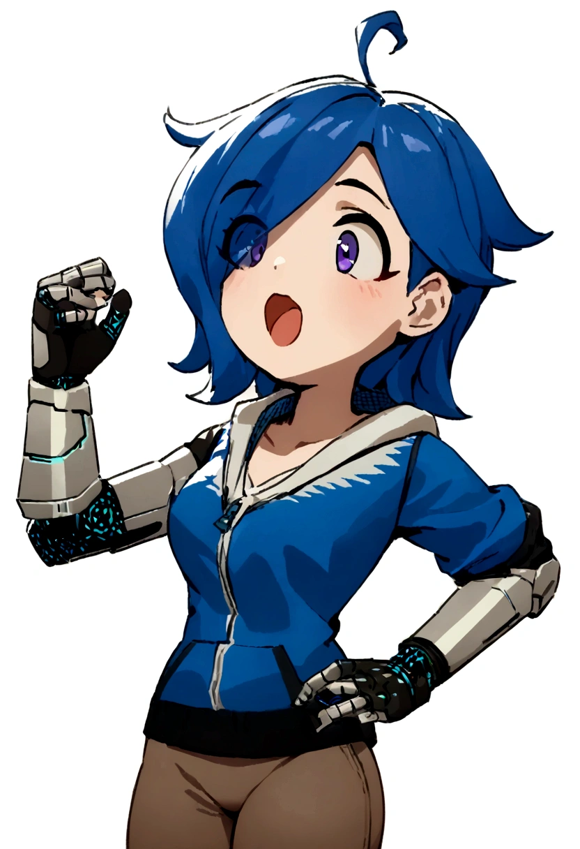 Best quality, masterpiece, big breasts, cybernetic left arm, bedroom, gaming laptop in background, sitting on a bed,