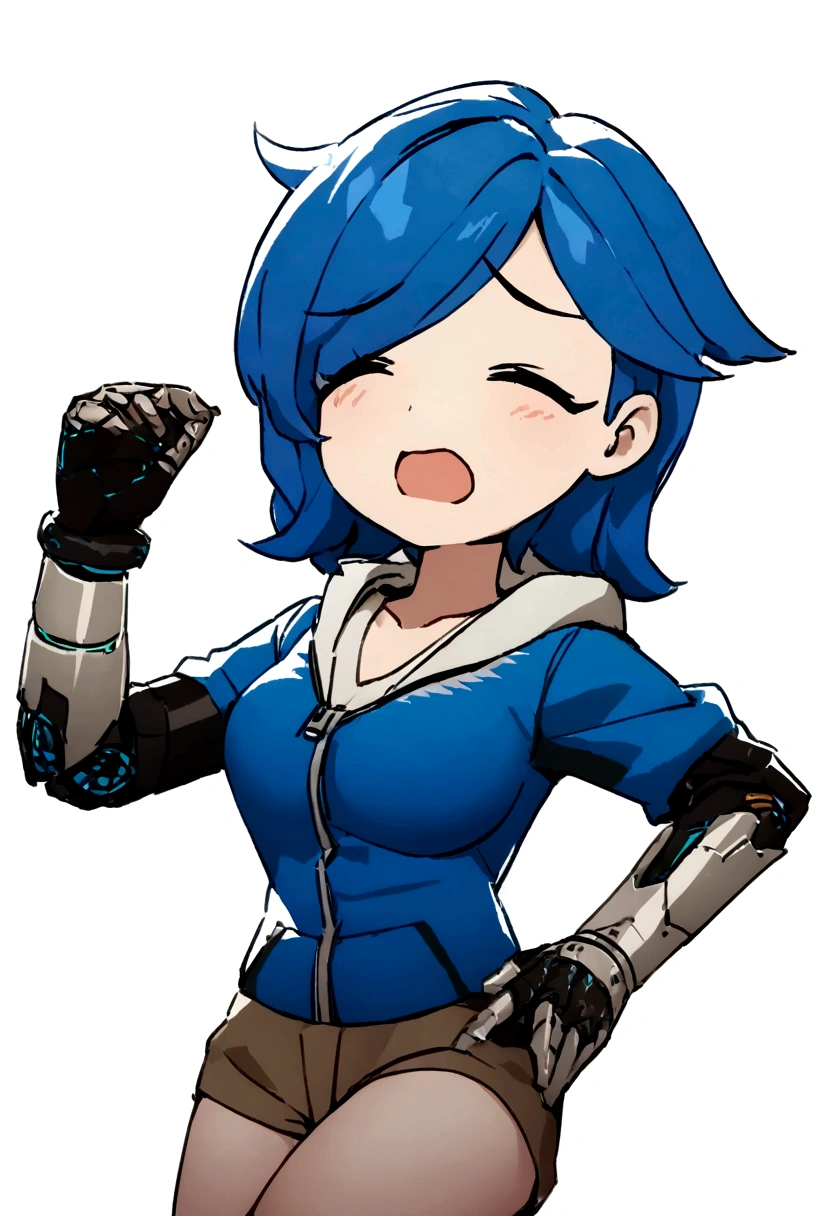 Best quality, masterpiece, big breasts, cybernetic left arm, bedroom, gaming laptop in background, sitting on a bed,