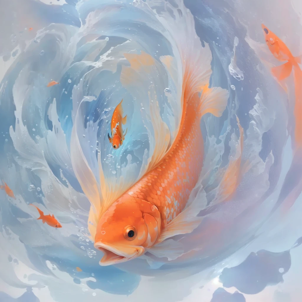 Painting of fish in blue and orange swirling water, floating Goldfish, floating Require fish, Require, Require fish, Require fish floating in space, painterly illustration, Goldfish, Inspired by Koson Ohara, Beautiful artwork illustration, Expressive digital painting, Soft Digital Painting, Require fishes, Dreamy digital painting, Require colors