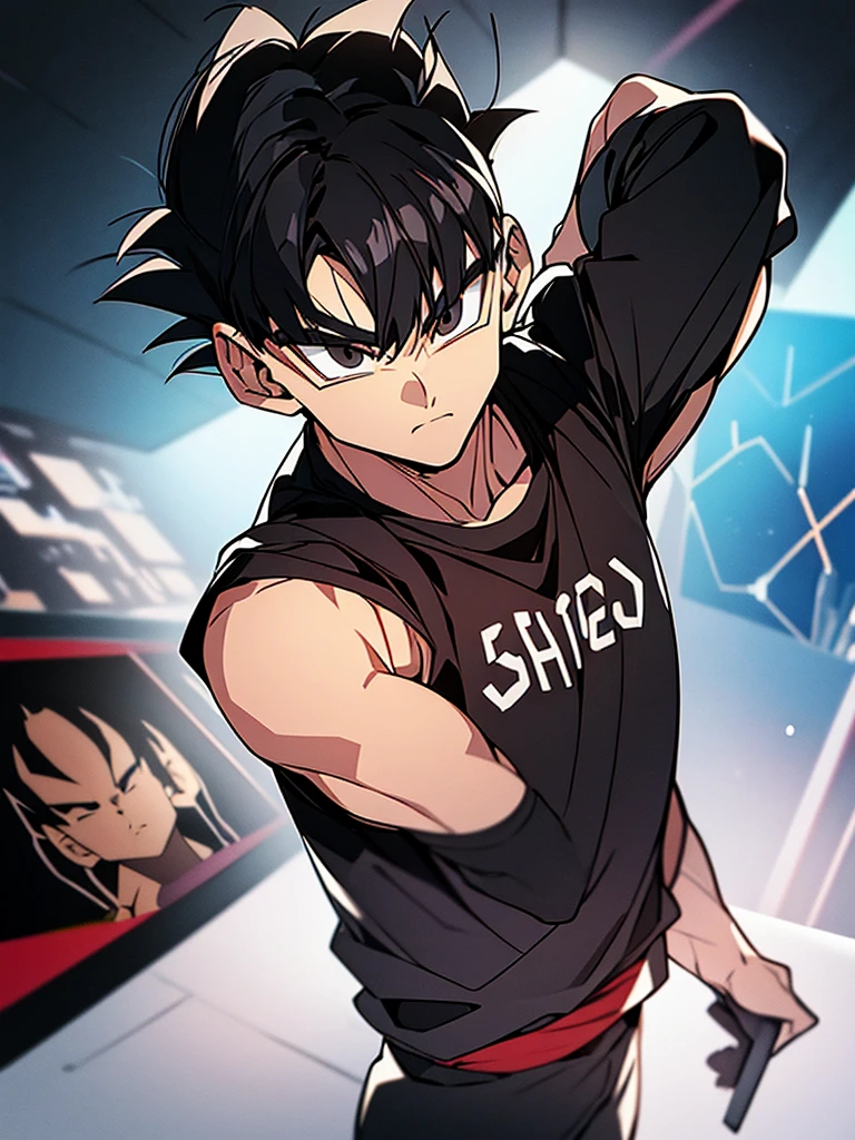 An adult boy, black hair, black eyes, designed in the style of Dragon Ball Z, holding a black photo in a space environment.