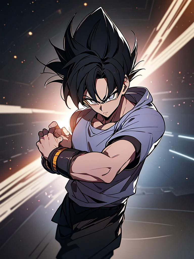 An adult boy, black hair, black eyes, designed in the style of Dragon Ball Z, holding a black photo in a space environment.
