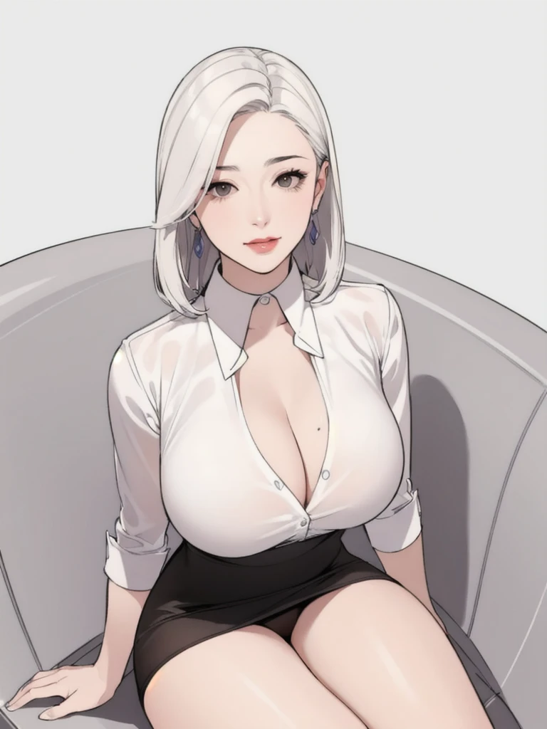 diona shin, sitting, portrait, red lips, (masterpiece, best quality), solo, looking at viewer, fw.dona.shin, mature female, sexy, hot, white hair, diona shin, simple background, long white hair, milf, milf face, tease, detail face , large breast, portrait, cowboy shot, square lips, short hair, very short hair, white hair, earrings , smirk, curvy, sexy, mini skirt, sitting, tub shirt, cleavage, half body, stockings