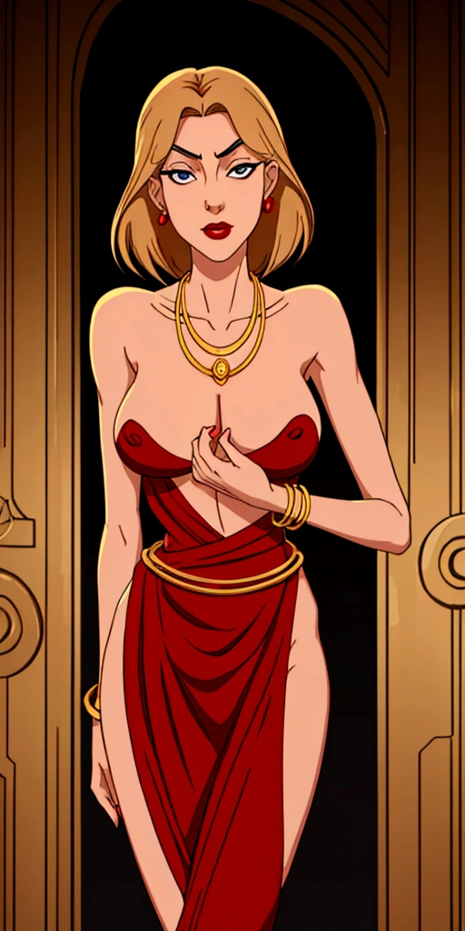 A beautiful skinny girl long legs thin waist thin arms huge breasts naked, facial deatails beautiful and delicate face , red lips ,facial expression mouth open wear gold bracelet necklace and waist chain