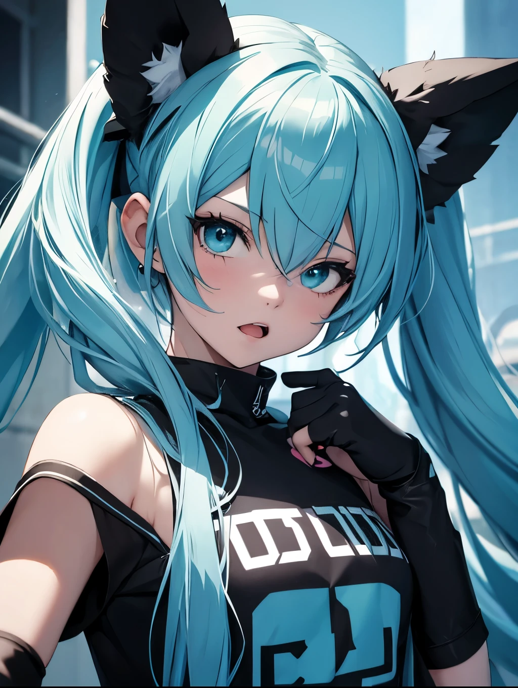 Miku Hatsune, high definition add_detail:1, blue fur,kitsune ears, tribal tattoo add_detail:1 cute high school clothes, pretty girl add_detail:3 18 year old girl, short black lycra, black metal t shirt, flirty look add_detail:3, hands rock sign, shouting add_detail:1, singing girl, screaming girl