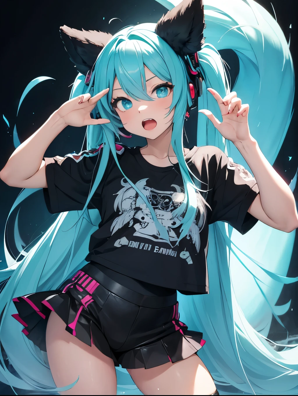 Miku Hatsune, high definition add_detail:1, blue fur,kitsune ears, tribal tattoo add_detail:1 cute high school clothes, pretty girl add_detail:3 18 year old girl, short black lycra, black metal t shirt, flirty look add_detail:3, hands rock sign, shouting add_detail:1, singing girl, screaming girl