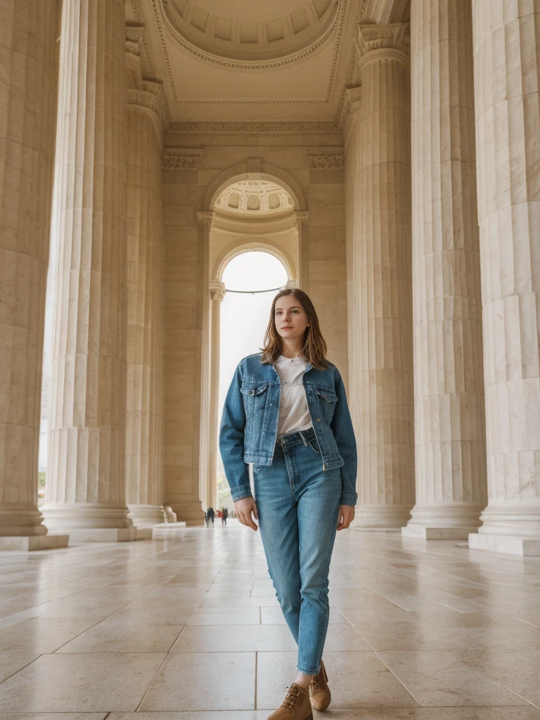 her name is Elle, high quality, 1girl, ((20-year-old fit Caucasian woman)), ((20 years old)), ((fit)), ((pale skin)), short length straight dark hair , wearing Deconstructed Denim Jacket + High-Waisted Utility Cargo Pants, pose: standing, background: Highlight the historic significance of Washington, D.C.'s National Mall, with its iconic landmarks like the Lincoln Memorial, the Washington Monument, and the U.S. Capitol.