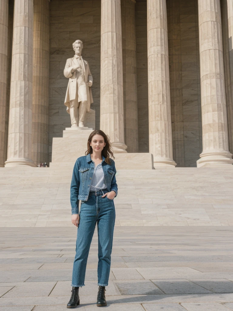 her name is Elle, high quality, 1girl, ((20-year-old fit Caucasian woman)), ((20 years old)), ((fit)), ((pale skin)), short length straight dark hair , wearing Deconstructed Denim Jacket + High-Waisted Utility Cargo Pants, pose: standing, background: Highlight the historic significance of Washington, D.C.'s National Mall, with its iconic landmarks like the Lincoln Memorial, the Washington Monument, and the U.S. Capitol.