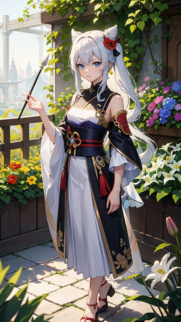 genshin impact style character, anime style, coming from Natlan, androgynous and handsome chico, White hair, blue eyes, small flowers embroidered on a handkerchief that she holds in her hand, In his other hand he holds a spear, her long hair worn in a bun is decorated with flowers, surrounded by flowers, in a garden, Lilies, rose, poppies, fondo de pantalla 4k de high quality, rendering, rendering super detailed, 2D, super detailed, high quality, 4k, HD, cabello de high quality