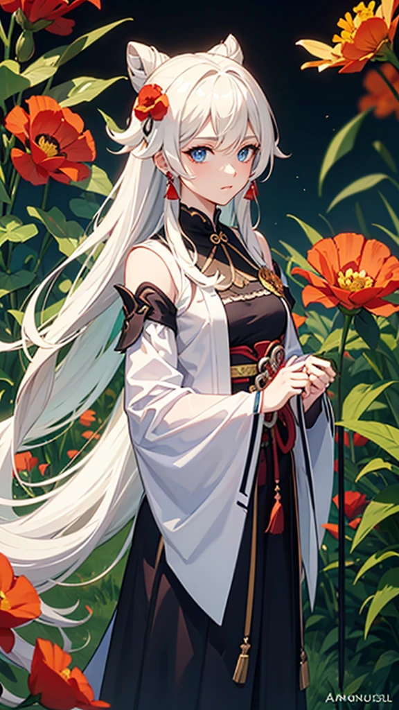 genshin impact style character, anime style, coming from Natlan, androgynous and handsome chico, White hair, blue eyes, small flowers embroidered on a handkerchief that she holds in her hand, In his other hand he holds a spear, her long hair worn in a bun is decorated with flowers, surrounded by flowers, in a garden, Lilies, rose, poppies, fondo de pantalla 4k de high quality, rendering, rendering super detailed, 2D, super detailed, high quality, 4k, HD, cabello de high quality