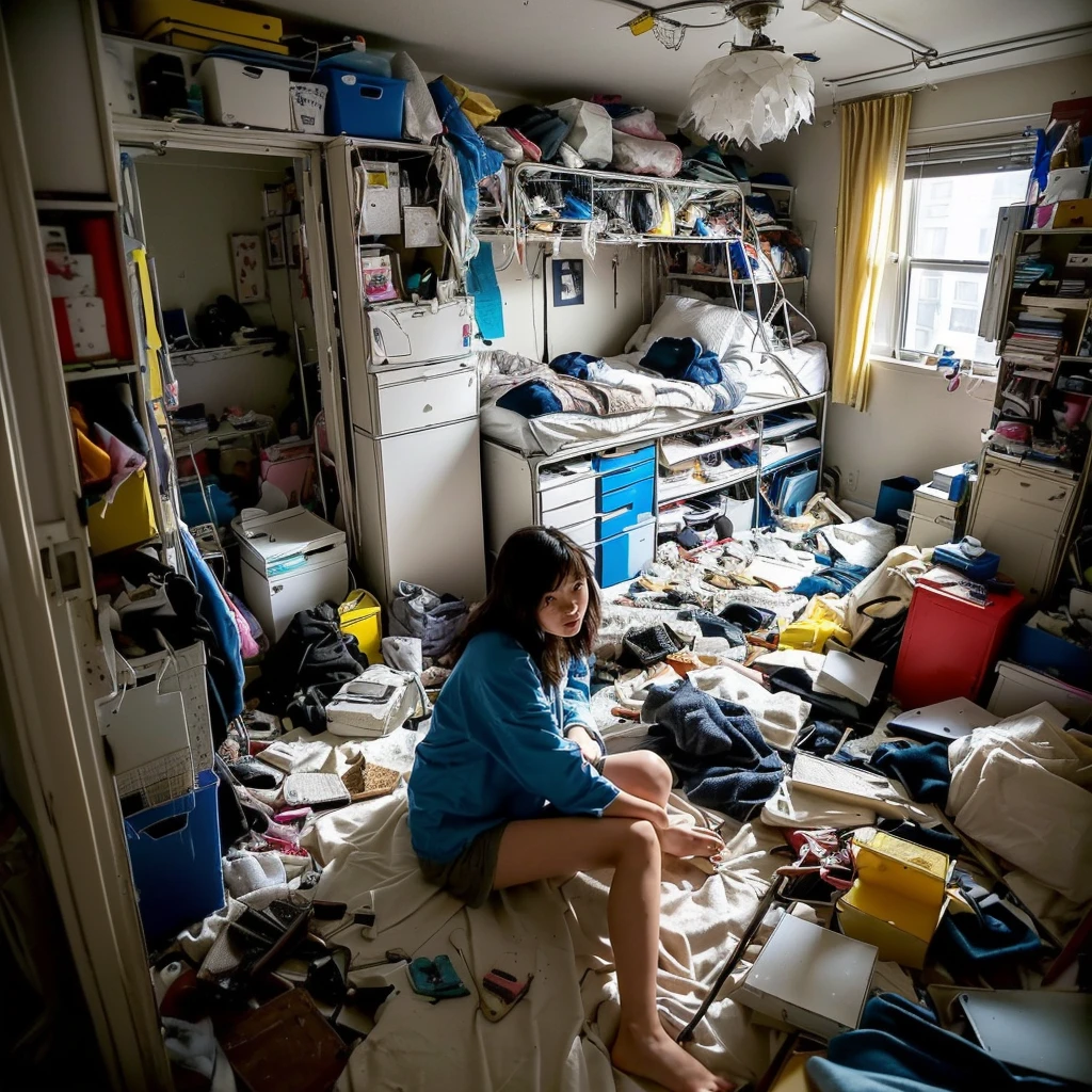 there is a woman sitting in a Messy room with a lot of clutter, inside a Messy room, Messy room, Claustrophobic room, Messy bedroom, Messy bedroomの中, Dirty room, Chaotic teen bedroom, Dirty apartment, In a decaying hospital room, Messy room, Crimmed New York apartment, A small room in Tokyo