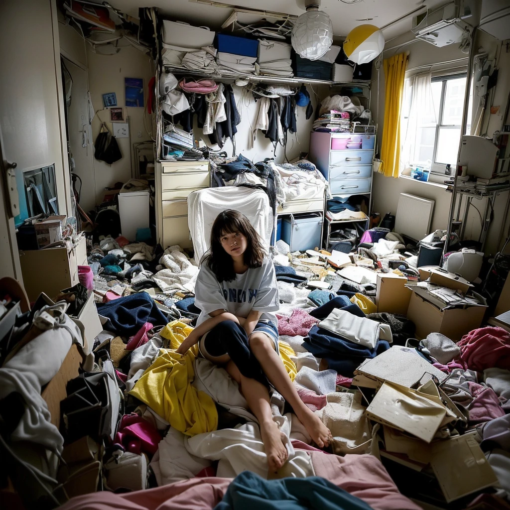 there is a woman sitting in a Messy room with a lot of clutter, inside a Messy room, Messy room, Claustrophobic room, Messy bedroom, Messy bedroomの中, Dirty room, Chaotic teen bedroom, Dirty apartment, In a decaying hospital room, Messy room, Crimmed New York apartment, A small room in Tokyo