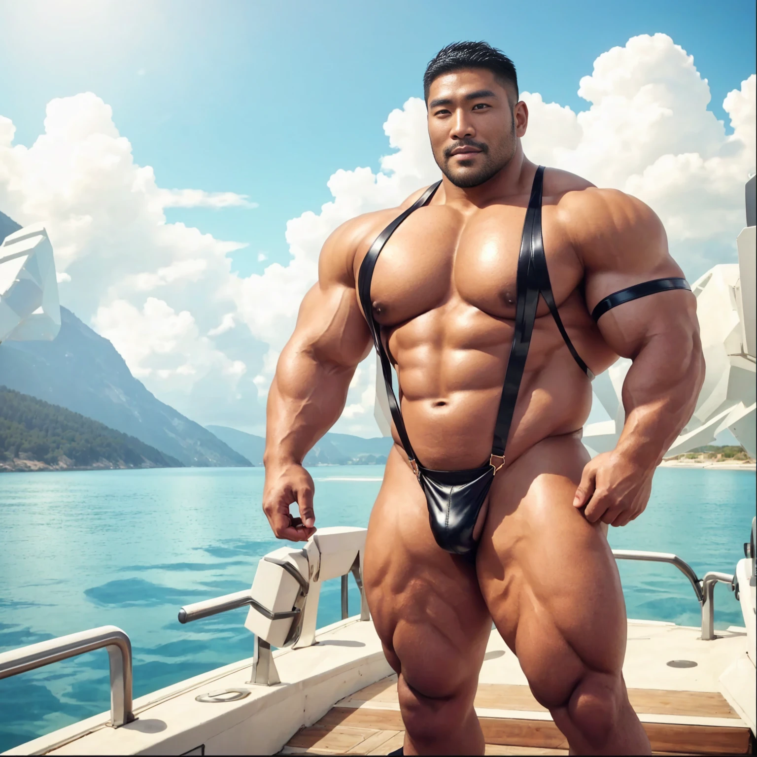 A handsome Asian actor,35 years old,High target, Fitness,short hair, O-Shaped Beard,Perfect body, Dark skin color,Radiant Skin,Smooth skin,Muscle bulge, muscular, Very large pectoral muscles,Very sexy abdominal muscles,Very well-developed leg muscles,Huge concave and convex area,Brightens oily skin,Wearing black leather shiny thong,Handsome face, Correct and accurate male body proportions, Wear black socks