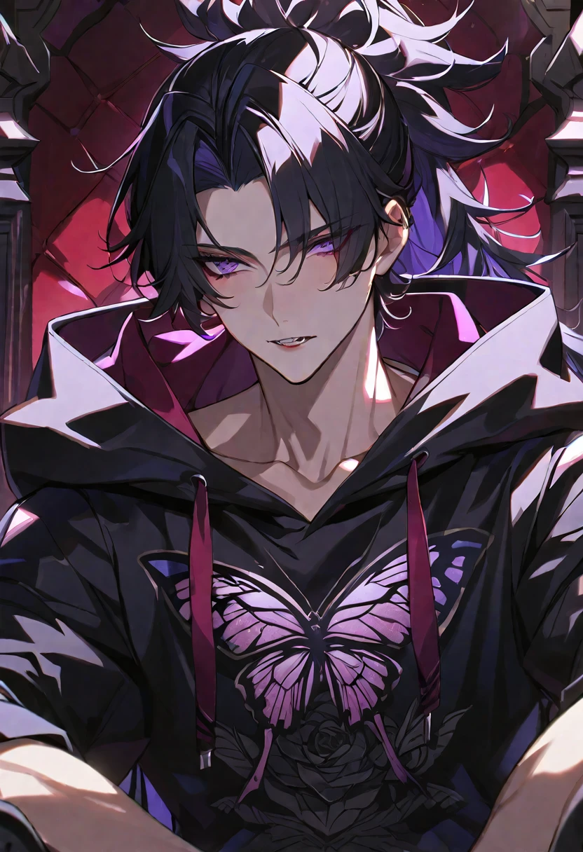 独奏, handsome, Glossy feel,
1. male,
bangs,Straight Hair, ponytail,
black hair,
Gojo Satoru,
purple Eyes,Soft look,beautiful,beautiful,sexly,Darkness,butterfly Tattoo,black Rose Tattoo,devil, double tooth,
black オーバーサイズ hoodie,clavicle,
skin,Black Rose,Alluring,sexly,
throne,
black background,Close-up,