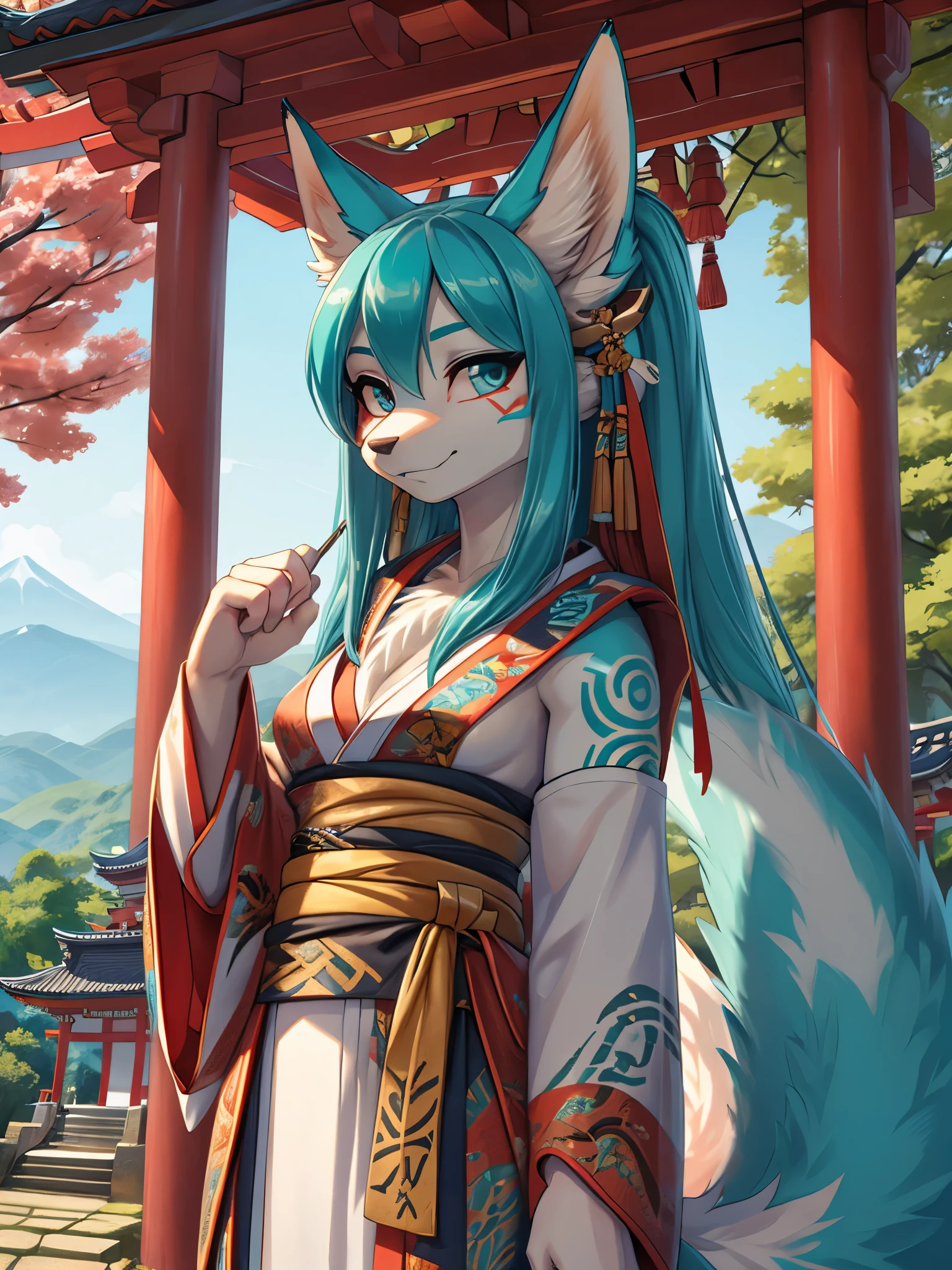 Miku Hatsune, high definition add_detail:1, blue fur,kitsune ears, tribal tattoo add_detail:1, pretty girl add_detail:1, feudal priestess clothing add_detail:1, japanese shrine landscape add_detail:1, japanese shrine costume add_detail:1