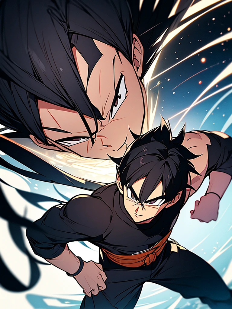 An adult boy, black hair, black eyes, designed in the style of Dragon Ball Z, holding a black photo in a space environment.